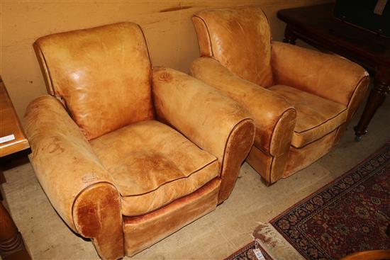 Pair French leather club armchairs